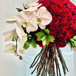 Red rose bouquet with white orchids
