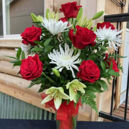 Red and White Bouquet with Lillies