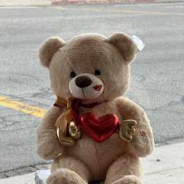 Plush teddy bear holding a red heart with the word Love