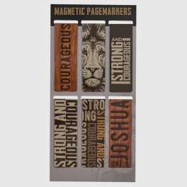 Pack of magnetic page markers with lion-themed designs and bold text