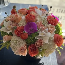 Round bouquet of coral and blush roses with white orchids and hydrangeas