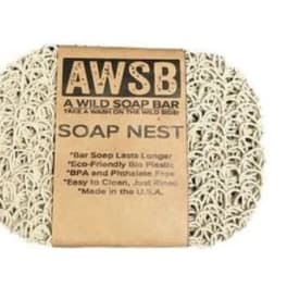 Rectangular white plastic soap saver pad wrapped with a brown AWSB Soap Nest label