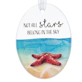 Oval beach-themed ornament with red starfish, blue water, and the phrase “Not all stars belong in the sky.”