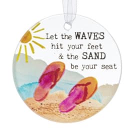 Round hanging ornament with beach scene, flip-flops, sun, and a seaside quote.