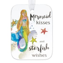 Rectangular hanging ornament with watercolor mermaid and the phrase Mermaid kisses and starfish wishes.