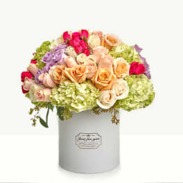 Mixed roses and hydrangeas arranged in a white hat box