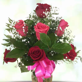 Red roses in a glass vase with a pink ribbon