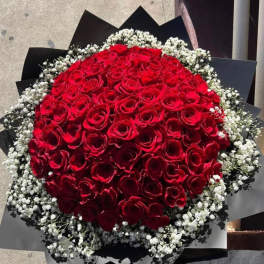 Large bouquet of red roses with white baby's breath