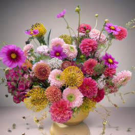 Pink and yellow mixed flower arrangement in a low vase