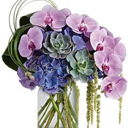 Lavender orchids and blue hydrangeas in a clear glass vase
