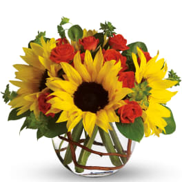Low glass bowl of yellow sunflowers and orange roses with twigs in clear water