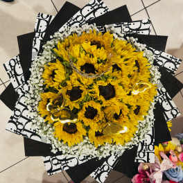 Bouquet of yellow sunflowers with white baby's breath and black patterned wrap