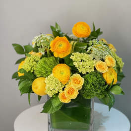 Yellow roses and ranunculus in a square glass vase