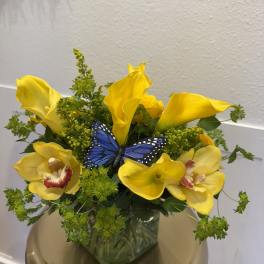 Yellow calla lilies and orchids in a glass vase with a blue butterfly accent