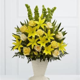 Yellow Lily and Rose Service Arrangement
