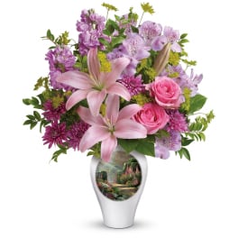 Arrangement of pink lilies, roses, and purple flowers in a white vase with a garden scene illustration