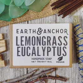 Bar of handmade soap labeled Earth & Anchor Lemongrass Eucalyptus
