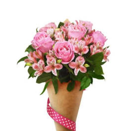 Pink rose bouquet with small striped flowers and a polka-dot ribbon wrap