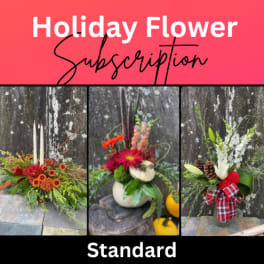 Holiday flower subscription collage with three autumn arrangements