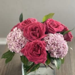 Pink roses and pale hydrangeas arranged in a square glass vase