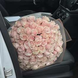 Large bouquet of pale pink roses wrapped in translucent paper