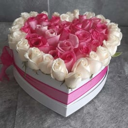 Heart-shaped box filled with pink and white roses
