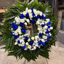 White & blue sympathy wreath