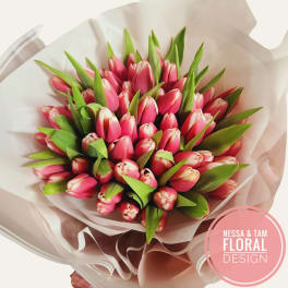 Bouquet of pink tulips wrapped in pale paper
