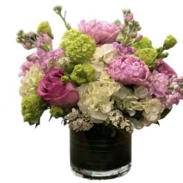 Pink and white flower arrangement in a black vase with green blooms