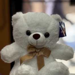 White plush teddy bear with a brown ribbon bow