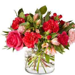 Pink roses and red carnations in a clear glass vase