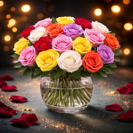 Mixed roses in a clear glass vase with rose petals around it