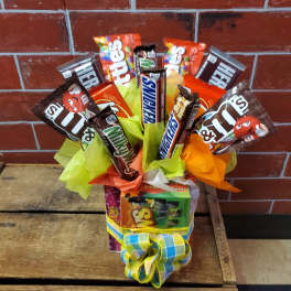 Candy bouquet with assorted chocolate bars and colorful wrapping