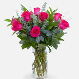 Dozen hot pink roses in a vase