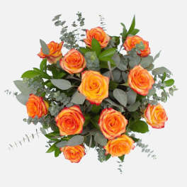 Bouquet of orange roses with eucalyptus foliage
