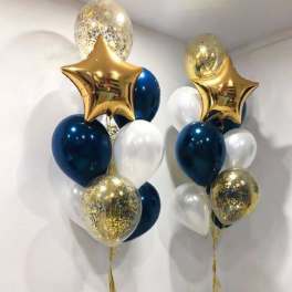 Two balloon bouquets with gold stars, navy, white, and confetti balloons