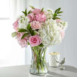 Pink roses and white hydrangeas in a clear glass vase