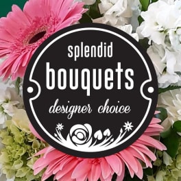 Pink gerbera daisies and white hydrangeas behind a bouquet logo