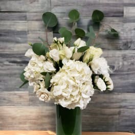 White flowers arranged in a tall green vase with round eucalyptus stems