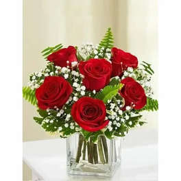Red roses arranged in a clear square vase with baby's breath.