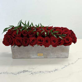 Long rectangular box filled with red roses and greenery