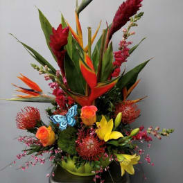 Tropical flower arrangement with orange bird-of-paradise and red blooms in a green container