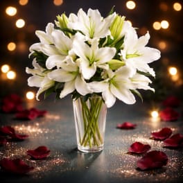 White lilies in a clear glass vase with rose petals around it