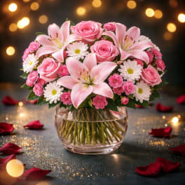 Pink roses and lilies arranged in a clear glass vase