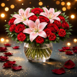 Red roses and pink lilies arranged in a glass vase