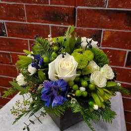 White roses and blue flowers in a square black vase