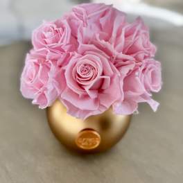 Pink roses arranged in a gold vase