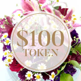 Mixed bouquet of pink, red, purple, and white flowers with a $100 token overlay