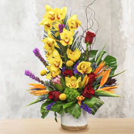Tall tropical bouquet with yellow orchids, red roses, and orange bird-of-paradise in a glass vase