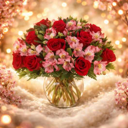 Blushing Romance – Red Roses & Pink Alstroemeria Vase Arrangement